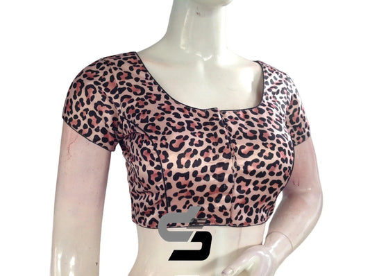 Pastel Pink Color Satin Printed Readymade saree Blouse With Short Sleeves and Matching Mask - D3blouses