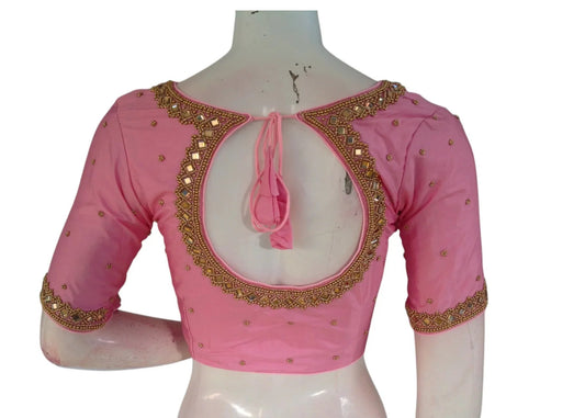 Pastel Pink Color Silk Blouse | Mirror Aari Work | Bridal Elegance - D3blouses