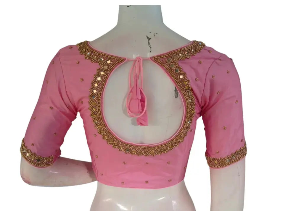Pastel Pink Color Silk Blouse | Mirror Aari Work | Bridal Elegance - D3blouses