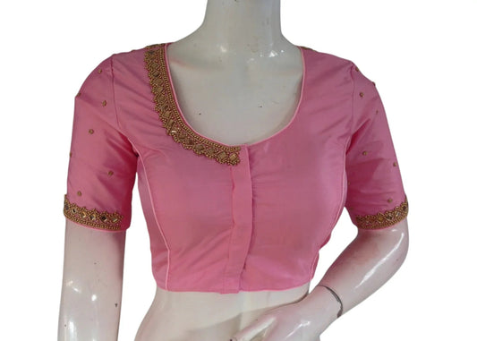 Pastel Pink Color Silk Blouse | Mirror Aari Work | Bridal Elegance - D3blouses