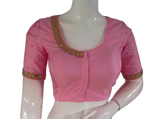 Pastel Pink Color Silk Blouse | Mirror Aari Work | Bridal Elegance - D3blouses
