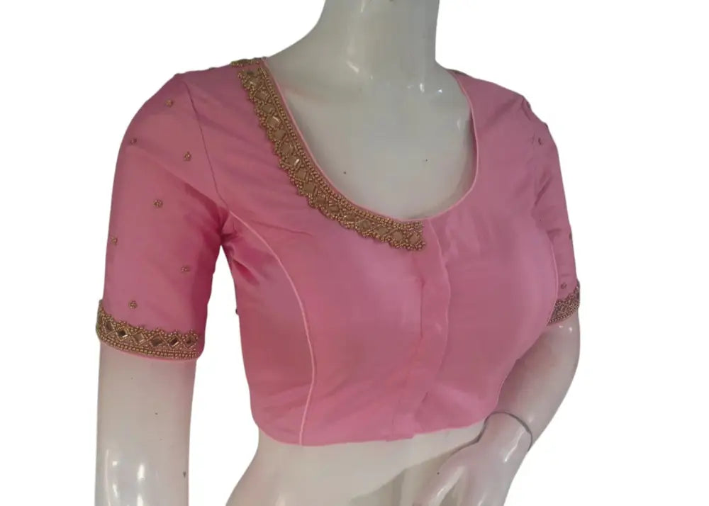 Pastel Pink Color Silk Blouse | Mirror Aari Work | Bridal Elegance - D3blouses