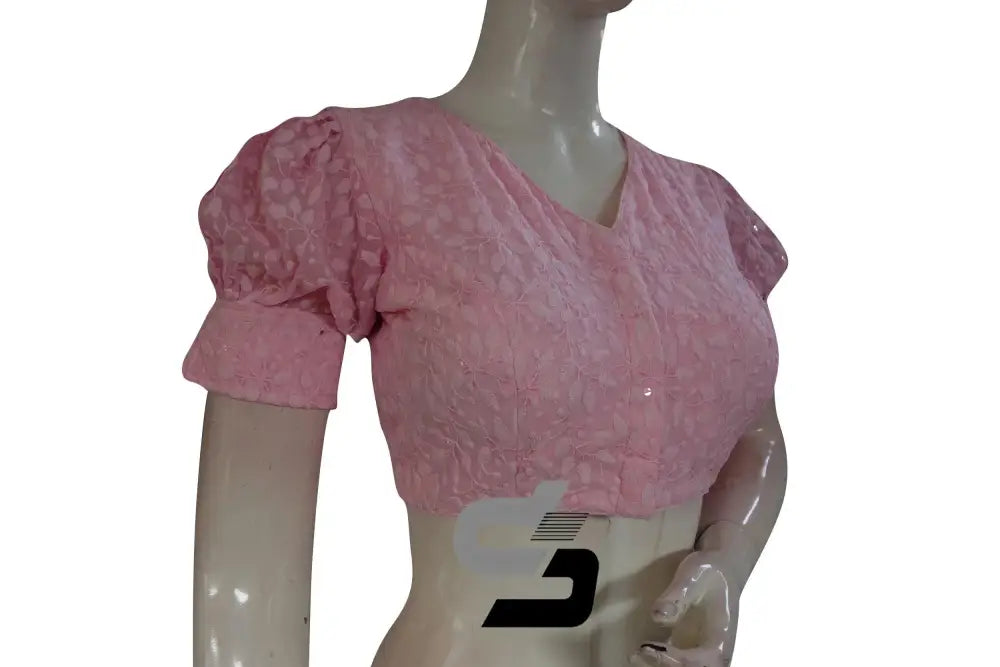 Pastel Pink High Neck Chikankari Saree Blouse - Puff Sleeves - D3blouses