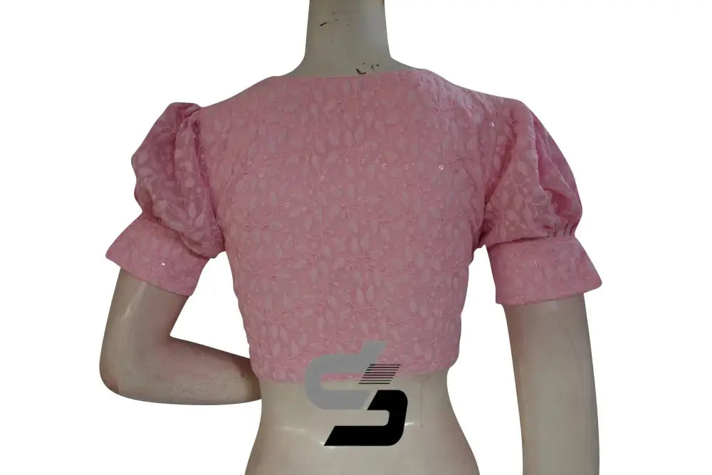 Pastel Pink High Neck Chikankari Saree Blouse - Puff Sleeves - D3blouses