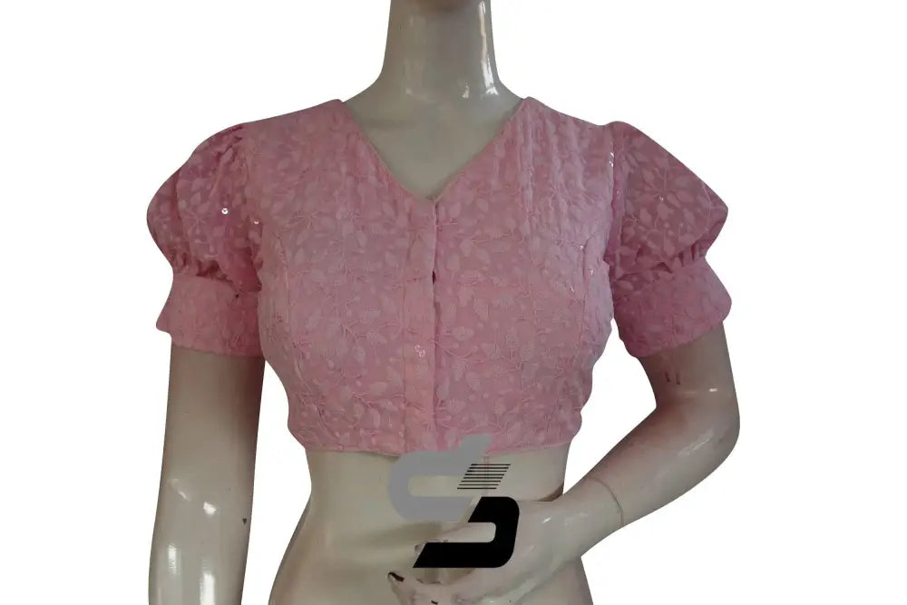 Pastel Pink High Neck Chikankari Saree Blouse - Puff Sleeves - D3blouses