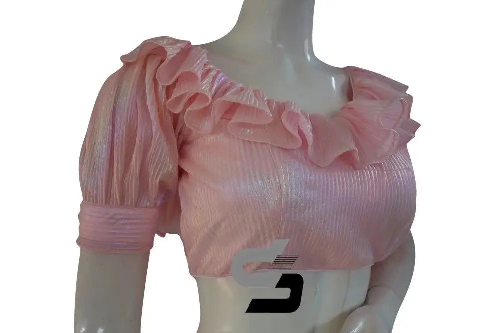 Pastel Pink Pre-Pleated Saree Blouse: Frill Neckline, Puff Sleeves - D3blouses