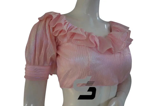 Pastel Pink Pre-Pleated Saree Blouse: Frill Neckline, Puff Sleeves - D3blouses