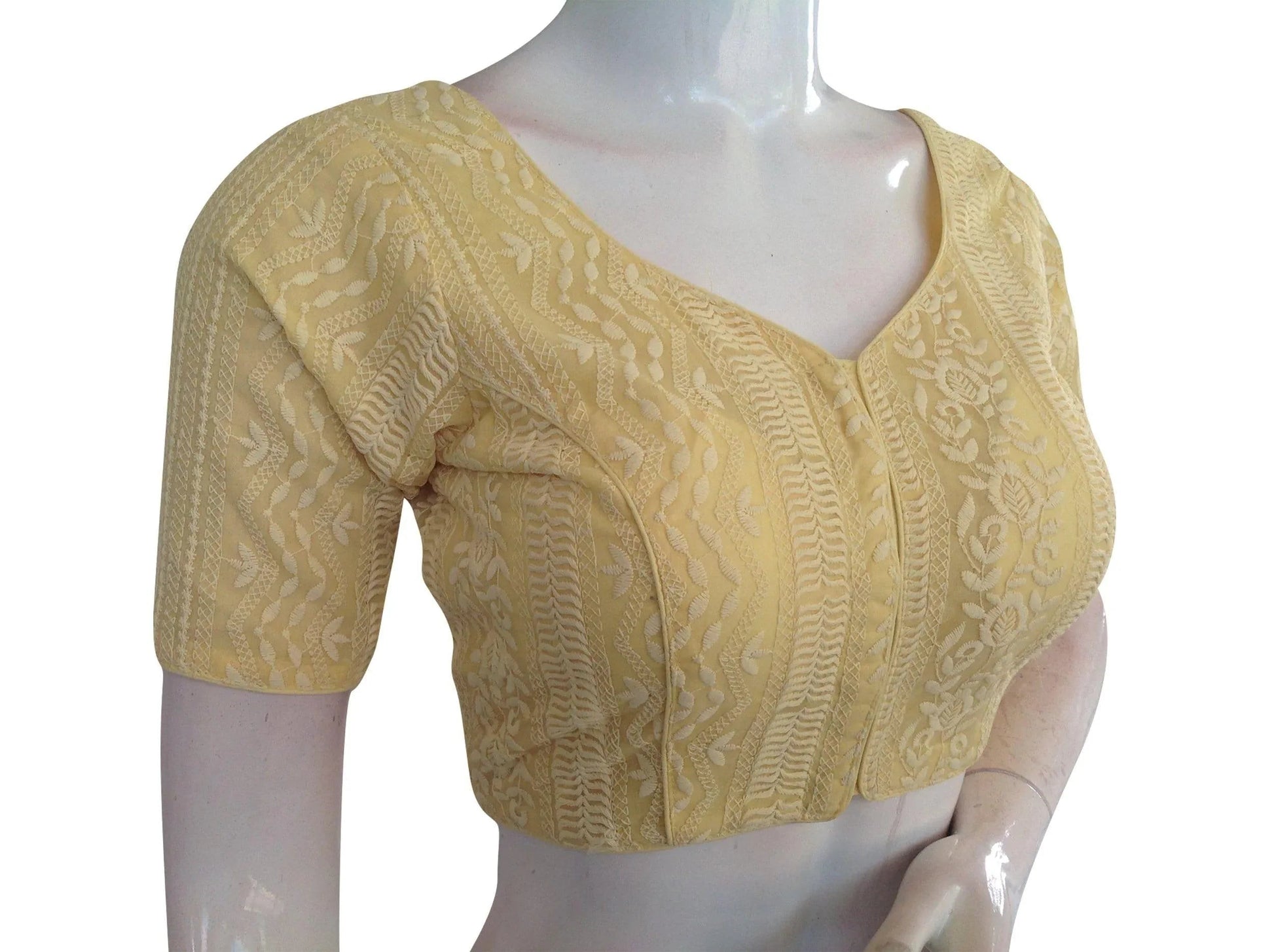 Pastel Yellow Chikankari Embroidery Indian saree Readymade blouse - D3blouses