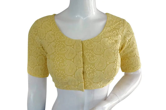 Pastel Yellow Color Chikankari Embroidery Readymade saree blouse, Indian Readymade blouse, Croptop - D3blouses
