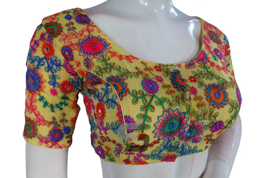 Pastel Yellow Color Multi Thread Embroidery Readymade Blouse - D3blouses