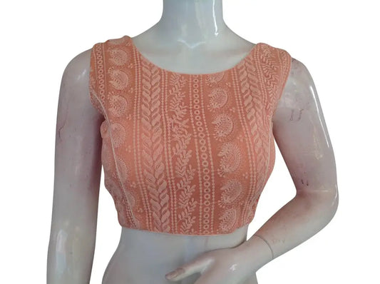 Peach Color Chikankari Embroidery Boat Neck Readymade Saree blouse - D3blouses