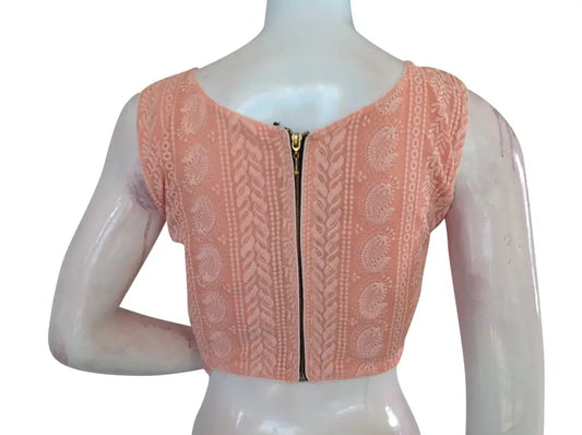 Peach Color Chikankari Embroidery Boat Neck Readymade Saree blouse - D3blouses