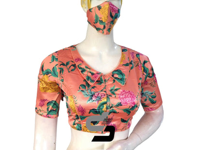 Peach Color Satin Silk Peter Pan Collar Readymade Blouse With Matching Mask and Designer Tassels - D3blouses