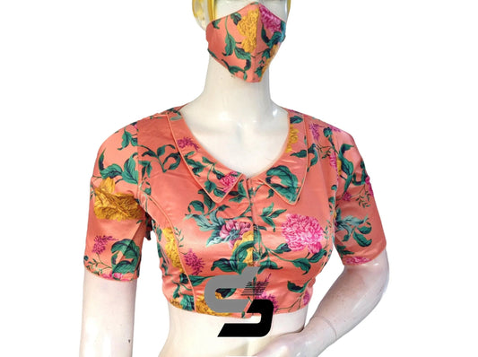 Peach Color Satin Silk Peter Pan Collar Readymade Blouse With Matching Mask and Designer Tassels - D3blouses
