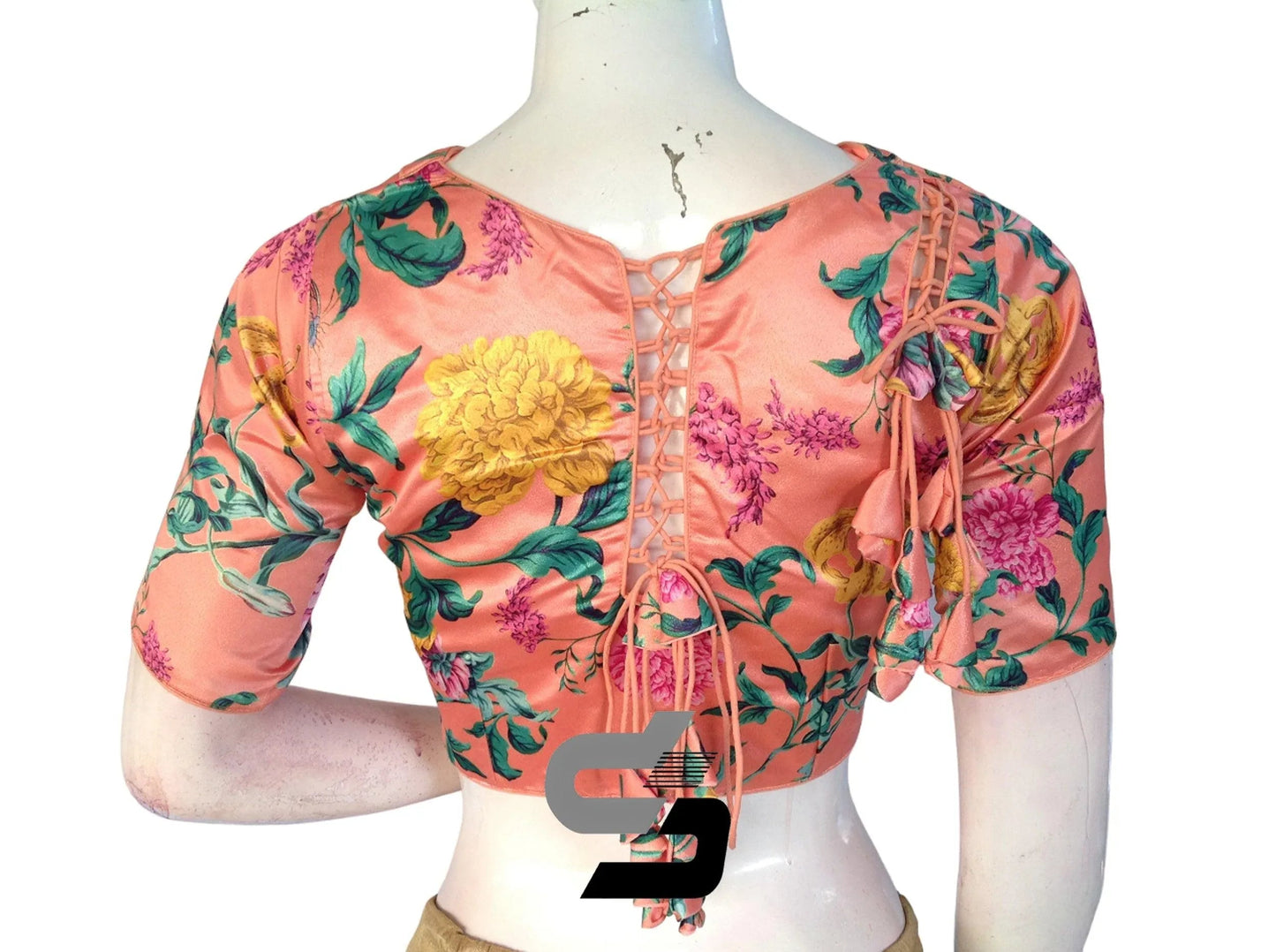 Peach Color Satin Silk Peter Pan Collar Readymade Blouse With Matching Mask and Designer Tassels - D3blouses