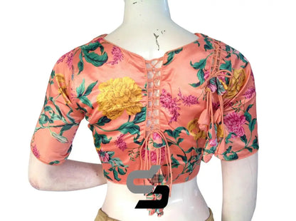 Peach Color Satin Silk Peter Pan Collar Readymade Blouse With Matching Mask and Designer Tassels - D3blouses