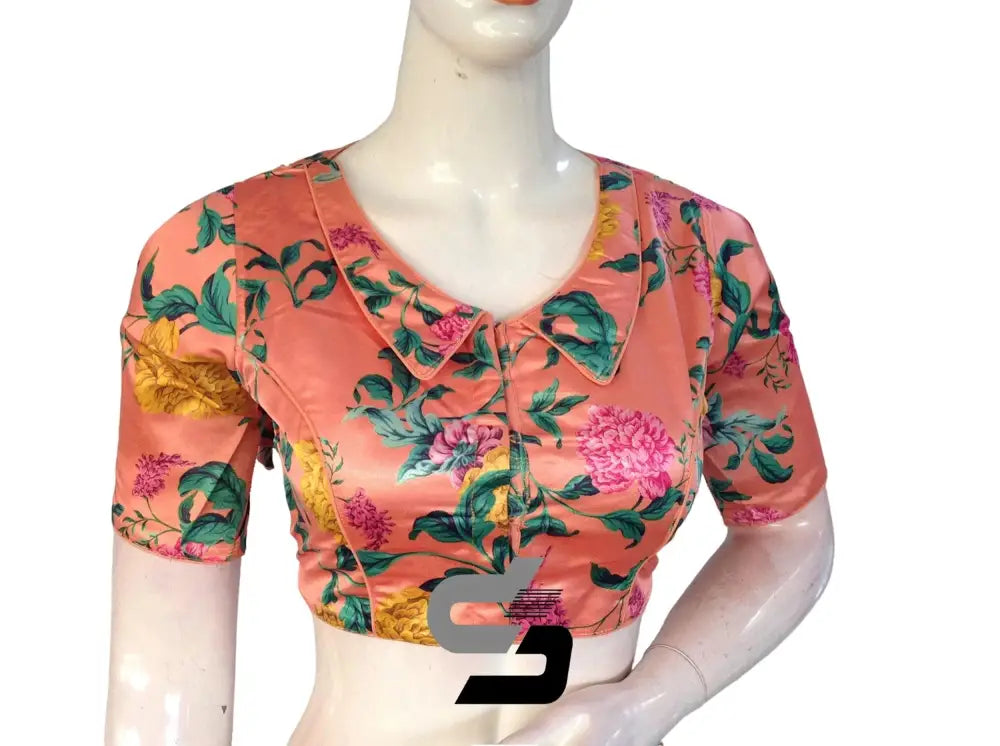 Peach Color Satin Silk Peter Pan Collar Readymade Blouse With Matching Mask and Designer Tassels - D3blouses