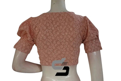 Peach Perfection: High Neck Chikankari Saree Blouse with Puff Sleeves - D3blouses