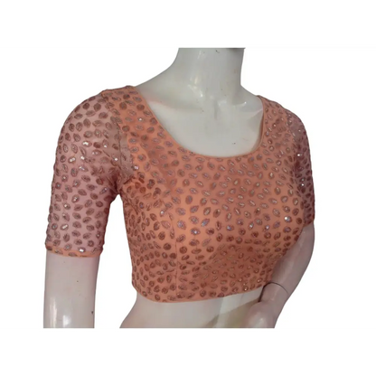 Peach Perfection: Netted Designer Readymade Saree Blouse - D3blouses
