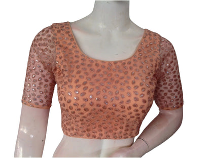 Peach Perfection: Netted Designer Readymade Saree Blouse - D3blouses
