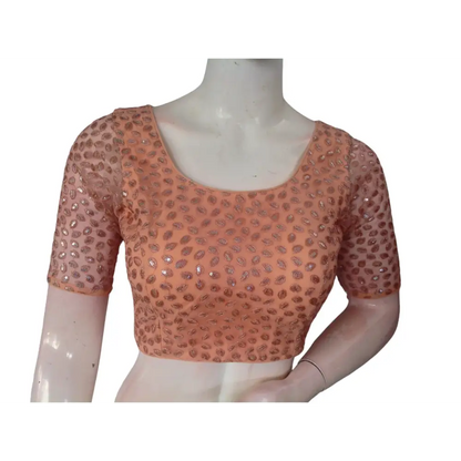 Peach Perfection: Netted Designer Readymade Saree Blouse - D3blouses