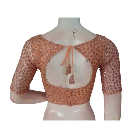 Peach Perfection: Netted Designer Readymade Saree Blouse - D3blouses