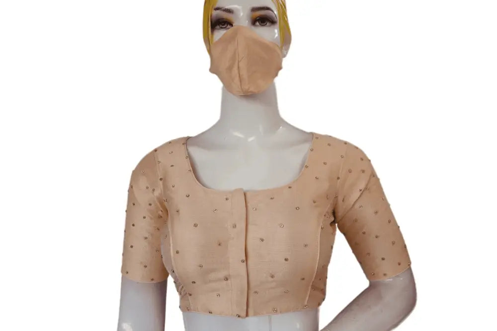 Peach Perfection, Plain Moti Stone Work Indian Saree Readymade Blouse - D3blouses