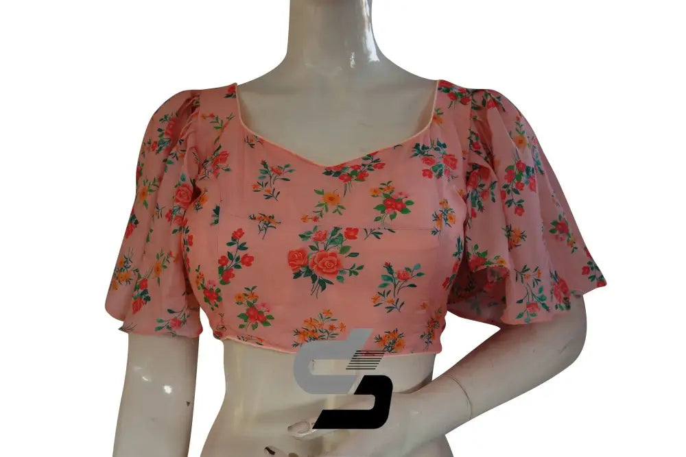 Peach Petals, Designer Organza Ruffle Sleeve Saree Blouse - D3blouses