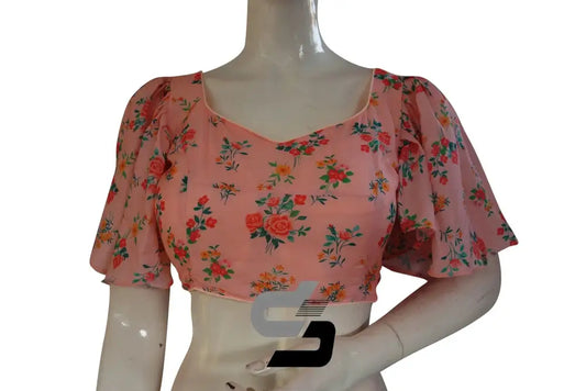 Peach Petals, Designer Organza Ruffle Sleeve Saree Blouse - D3blouses