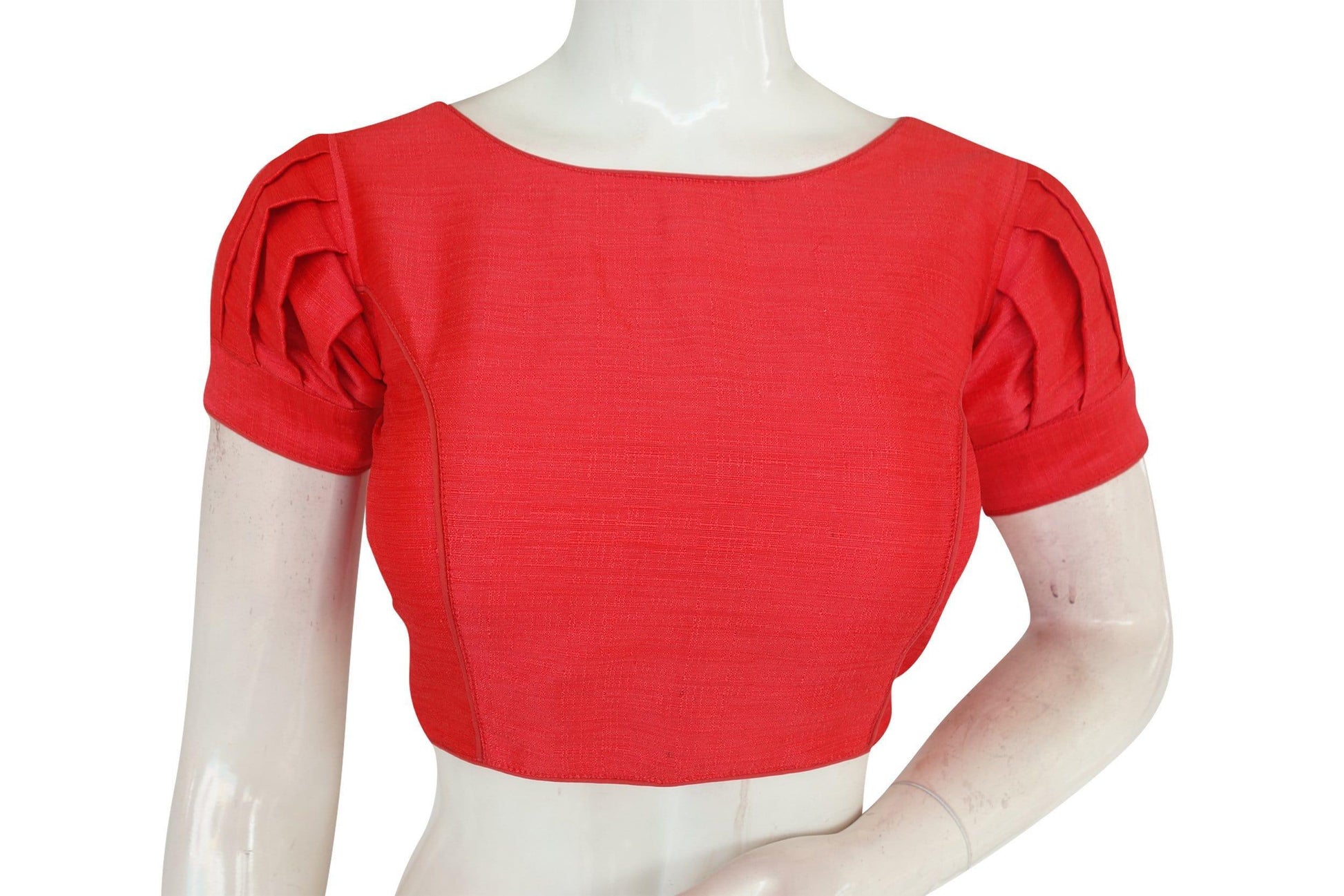 Peach Pink Charm, Plain Silk Readymade Saree Blouse with Puff Sleeves - D3blouses