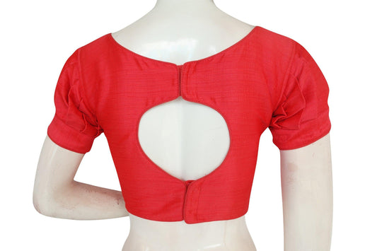 Peach Pink Charm, Plain Silk Readymade Saree Blouse with Puff Sleeves - D3blouses