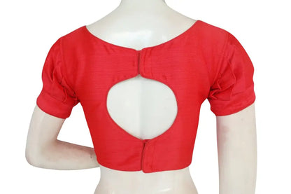 Peach Pink Charm, Plain Silk Readymade Saree Blouse with Puff Sleeves - D3blouses