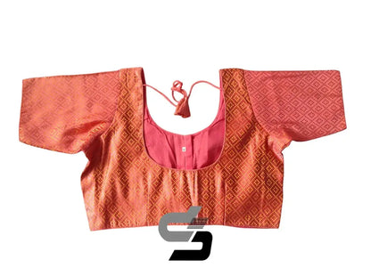 Peach Pink Color Brocade Silk Readymade Saree Blouses, Indian Plus Size Blouse - D3blouses