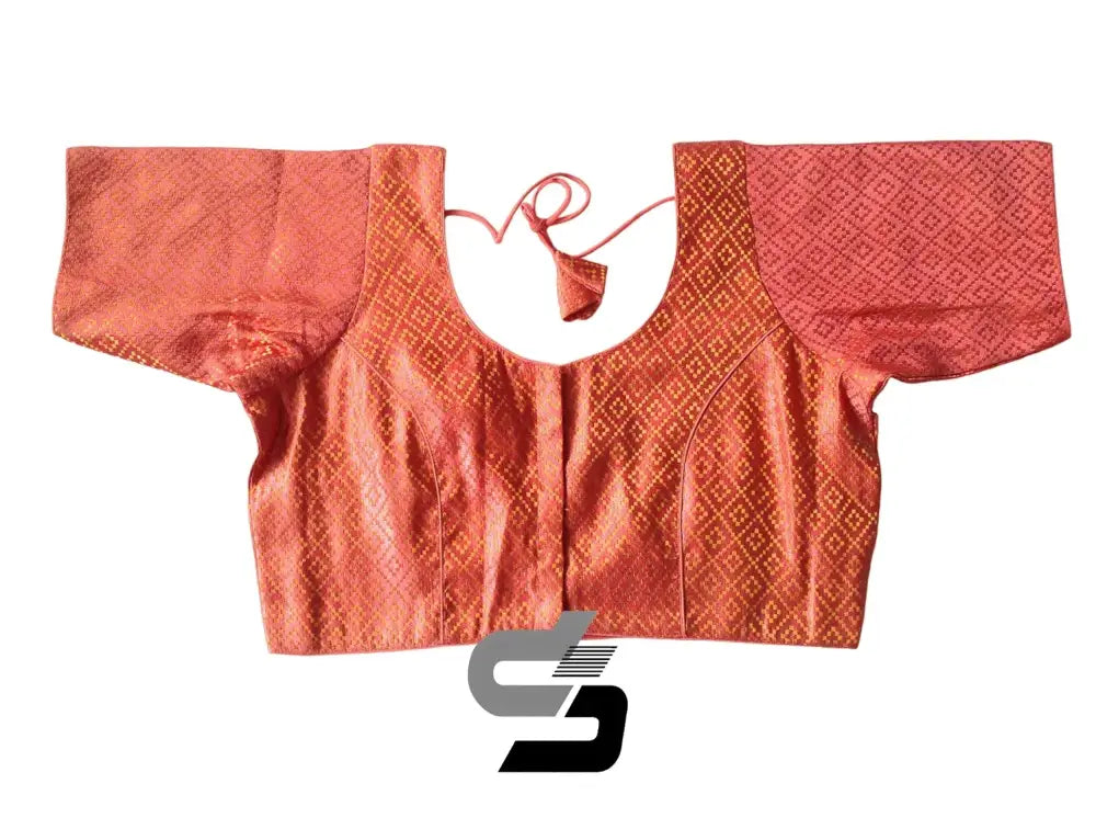 Peach Pink Color Brocade Silk Readymade Saree Blouses, Indian Plus Size Blouse - D3blouses