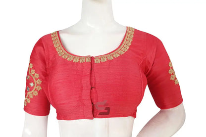 Peach Pink Embroidered High Neck Saree Blouse - Designer Elegance - D3blouses