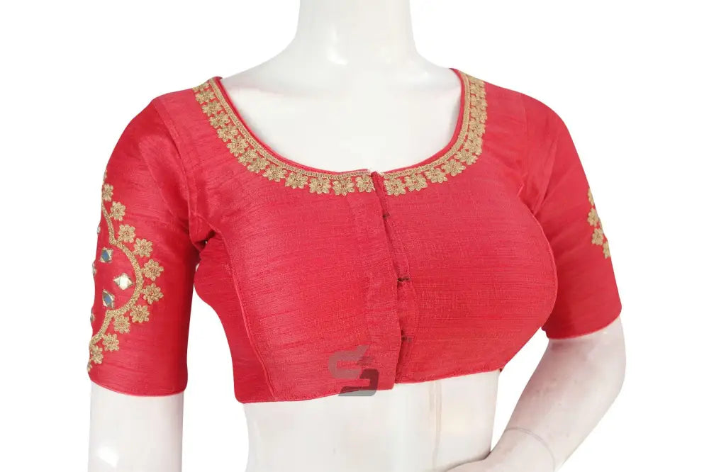 Peach Pink Embroidered High Neck Saree Blouse - Designer Elegance - D3blouses