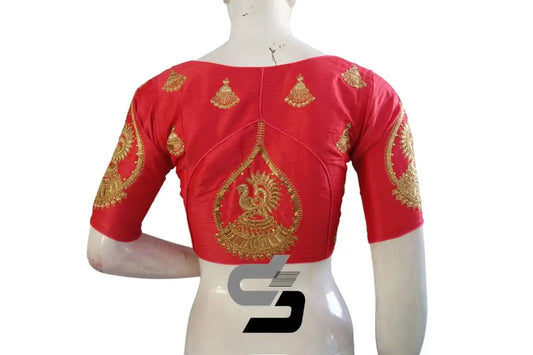 Peach Pink High Neck Designer Embroidered Saree Blouses: Lively Injection - D3blouses