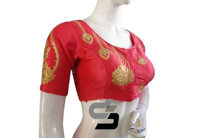 Peach Pink High Neck Designer Embroidered Saree Blouses: Lively Injection - D3blouses