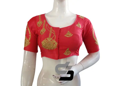 Peach Pink High Neck Designer Embroidered Saree Blouses: Lively Injection - D3blouses