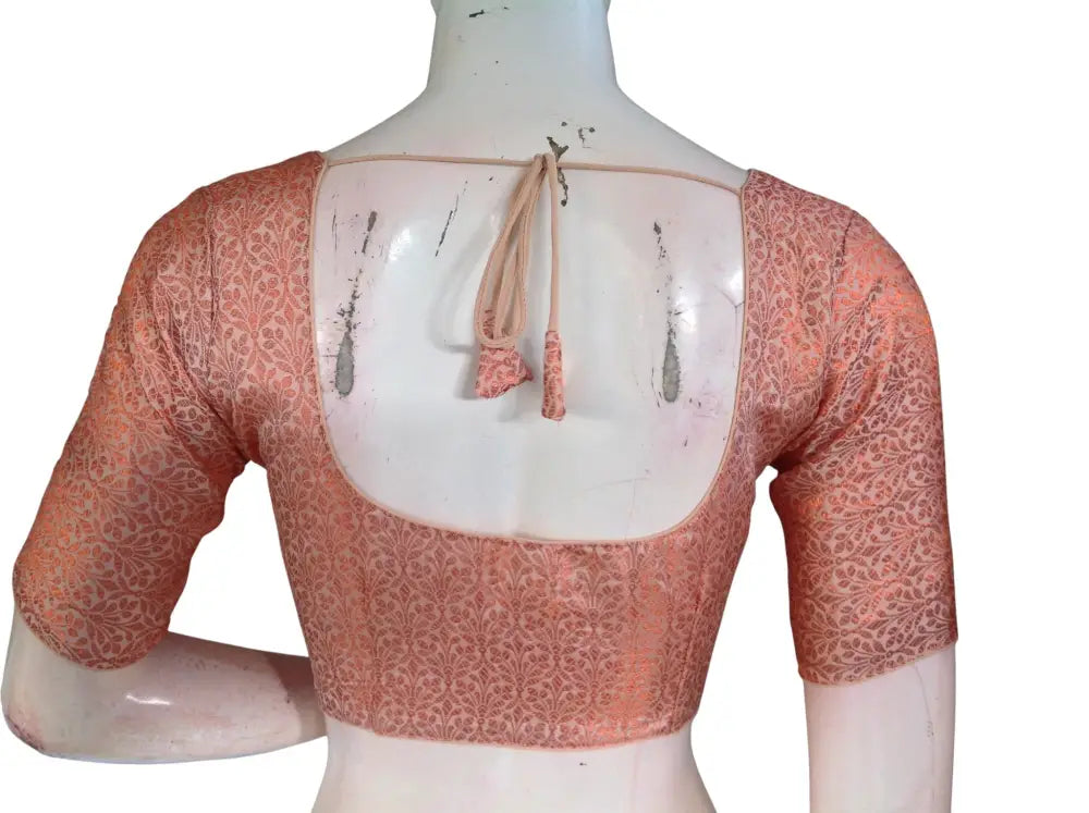 Peach with Copper Zari Brocade Readymade Saree Blouse - Light Peach (Princess Cut) Readymade Blouse