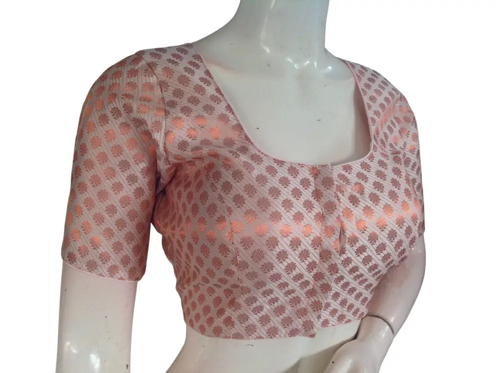 Peach with Copper Zari Brocade Readymade Saree Blouse - Light Peach (Princess Cut) Readymade Blouse