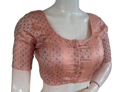 Peach with Copper Zari Brocade Readymade Saree Blouse - Light Peach (Princess Cut) Readymade Blouse