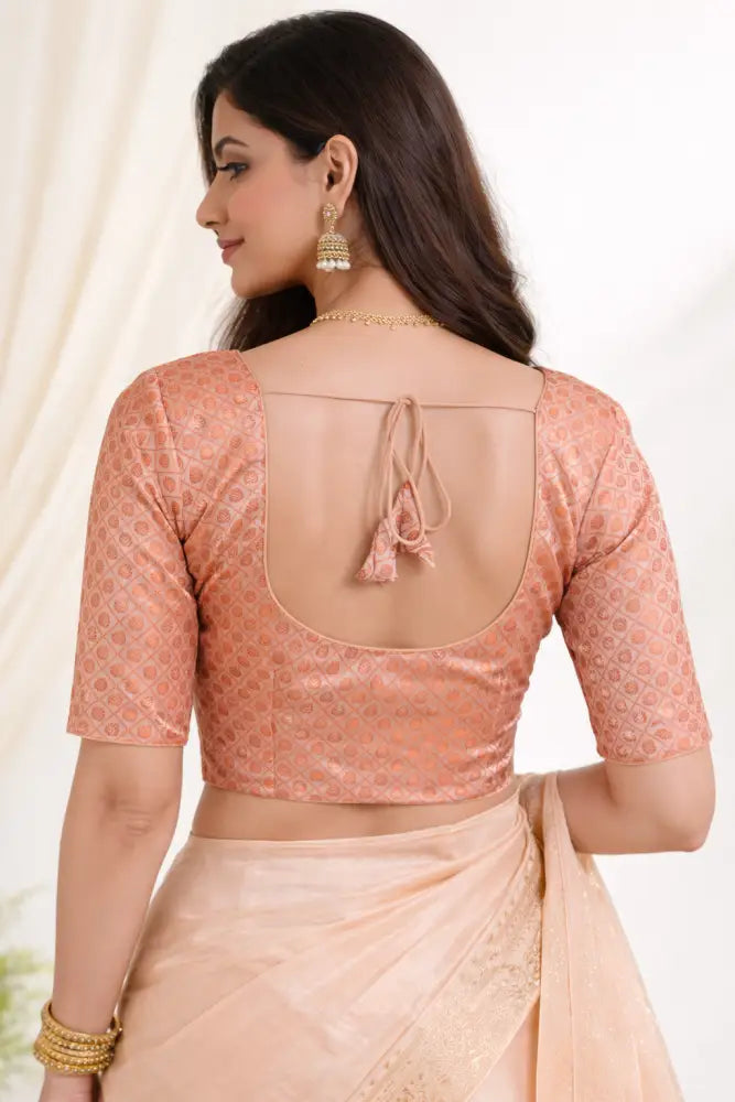 Peach with Copper Zari Brocade Readymade Saree Blouse - Light Peach (Princess Cut) Readymade Blouse