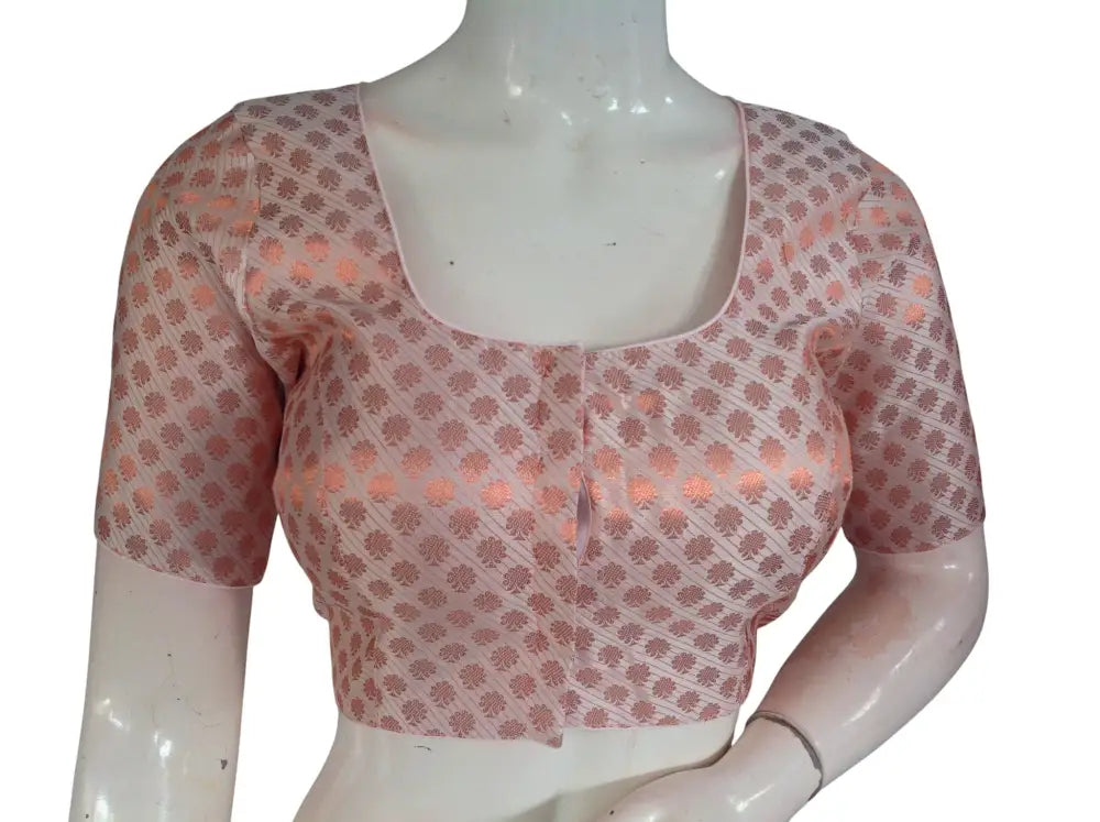 Peach with Copper Zari Brocade Readymade Saree Blouse - Light Peach (Princess Cut) Readymade Blouse - Floral Design 2