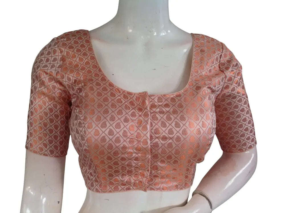 Peach with Copper Zari Brocade Readymade Saree Blouse - Light Peach (Princess Cut) Readymade Blouse - Floral Design 3
