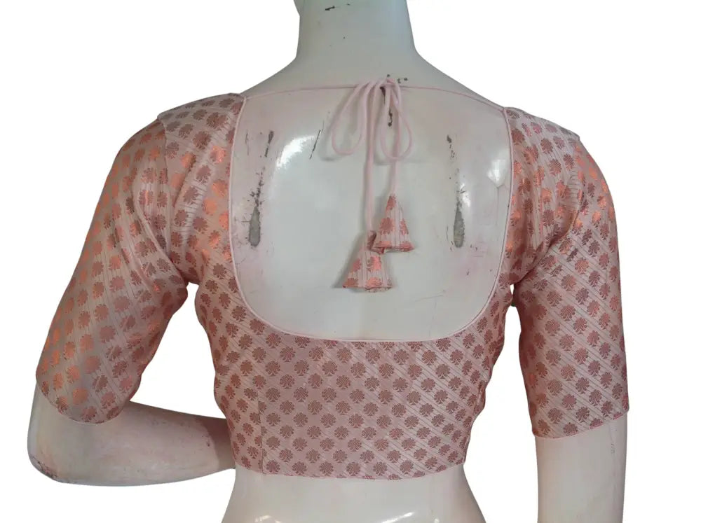 Peach with Copper Zari Brocade Readymade Saree Blouse - Light Peach (Princess Cut) Readymade Blouse