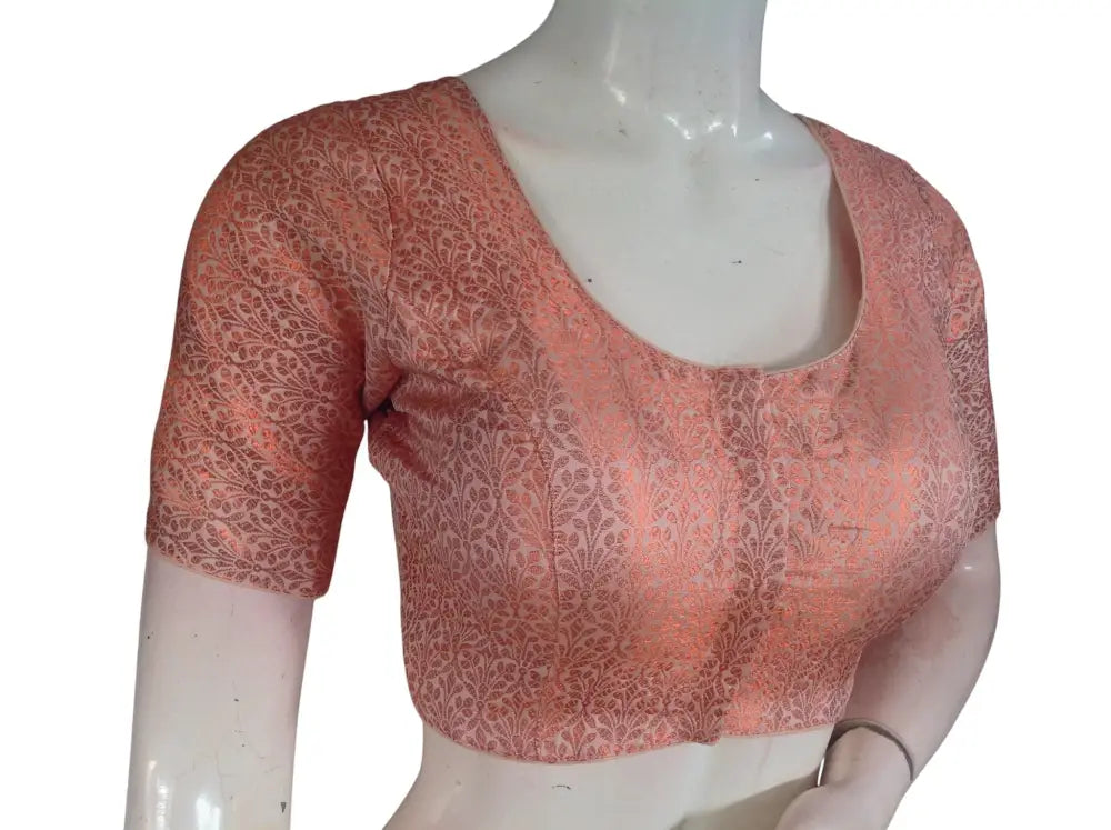 Peach with Copper Zari Brocade Readymade Saree Blouse - Light Peach (Princess Cut) Readymade Blouse