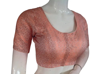 Peach with Copper Zari Brocade Readymade Saree Blouse - Light Peach (Princess Cut) Readymade Blouse