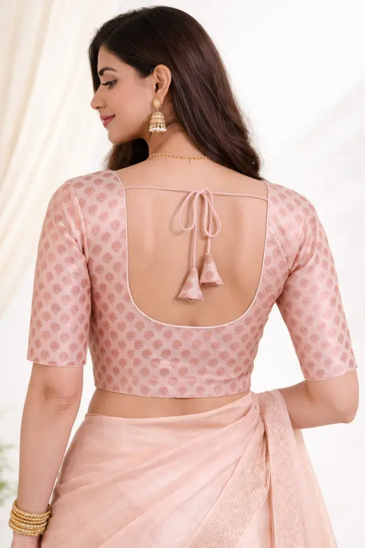 Peach with Copper Zari Brocade Readymade Saree Blouse - Light Peach (Princess Cut) Readymade Blouse
