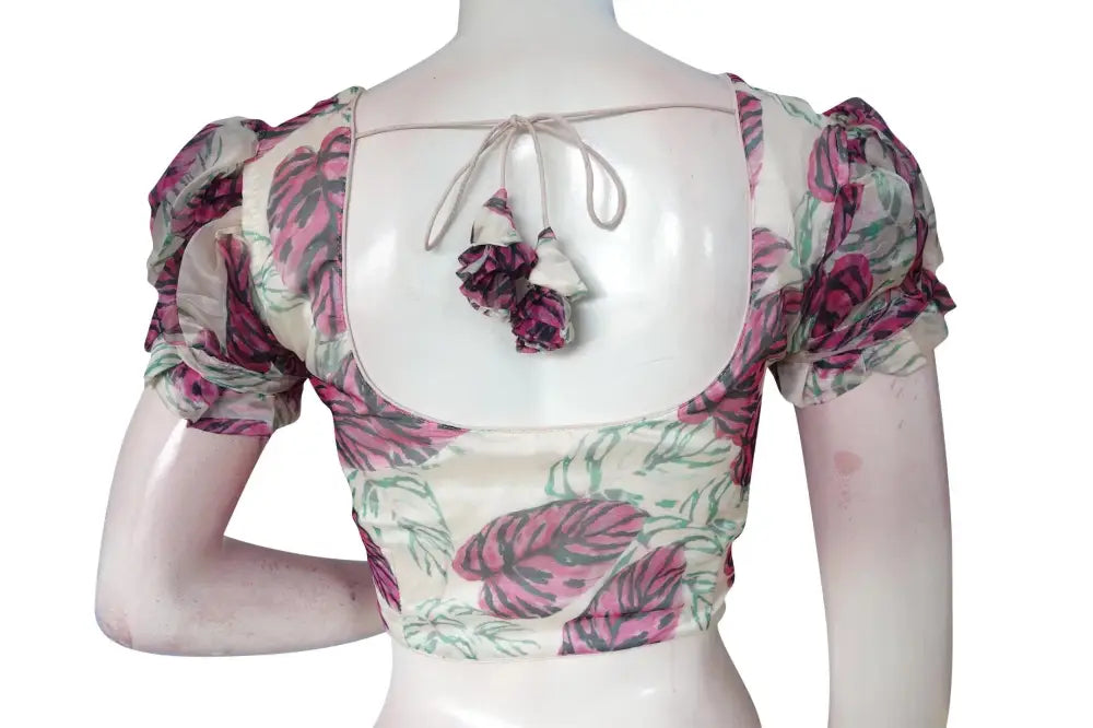 Pearl Elegance, Off-White Organza Fancy Frill Puff Sleeves Readymade Blouse for Sarees - D3blouses